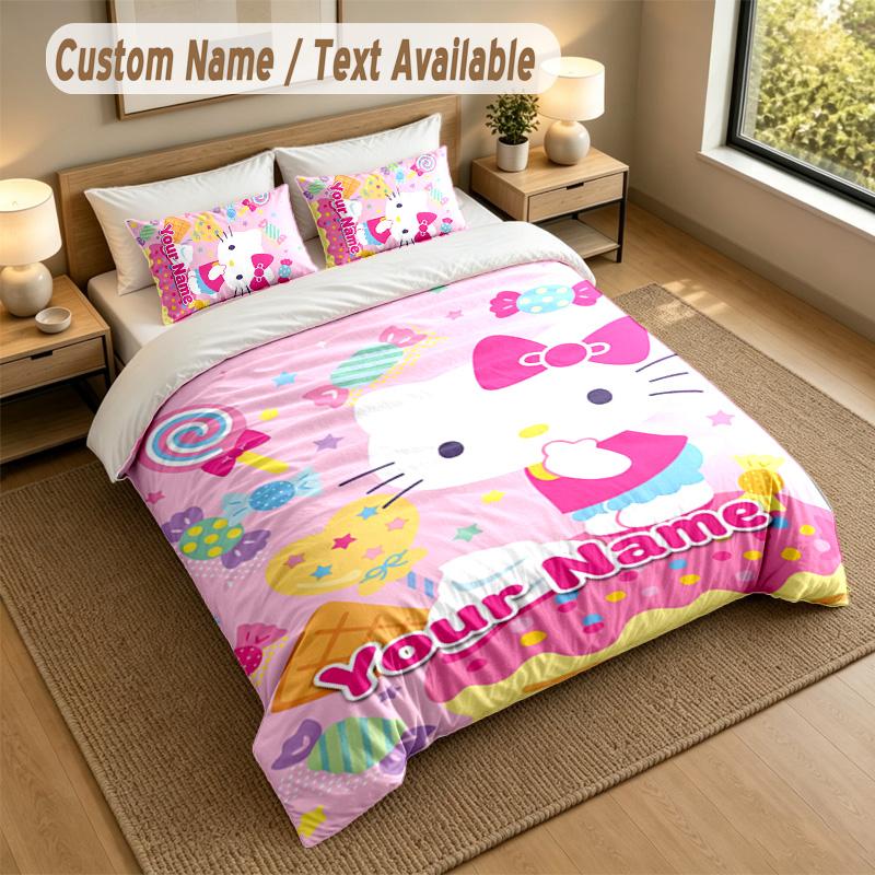 3Pcs Bedding Set Custom Name Text, 1 Sheet 2 Pillowcases Home Bed DecorHello Kitty
