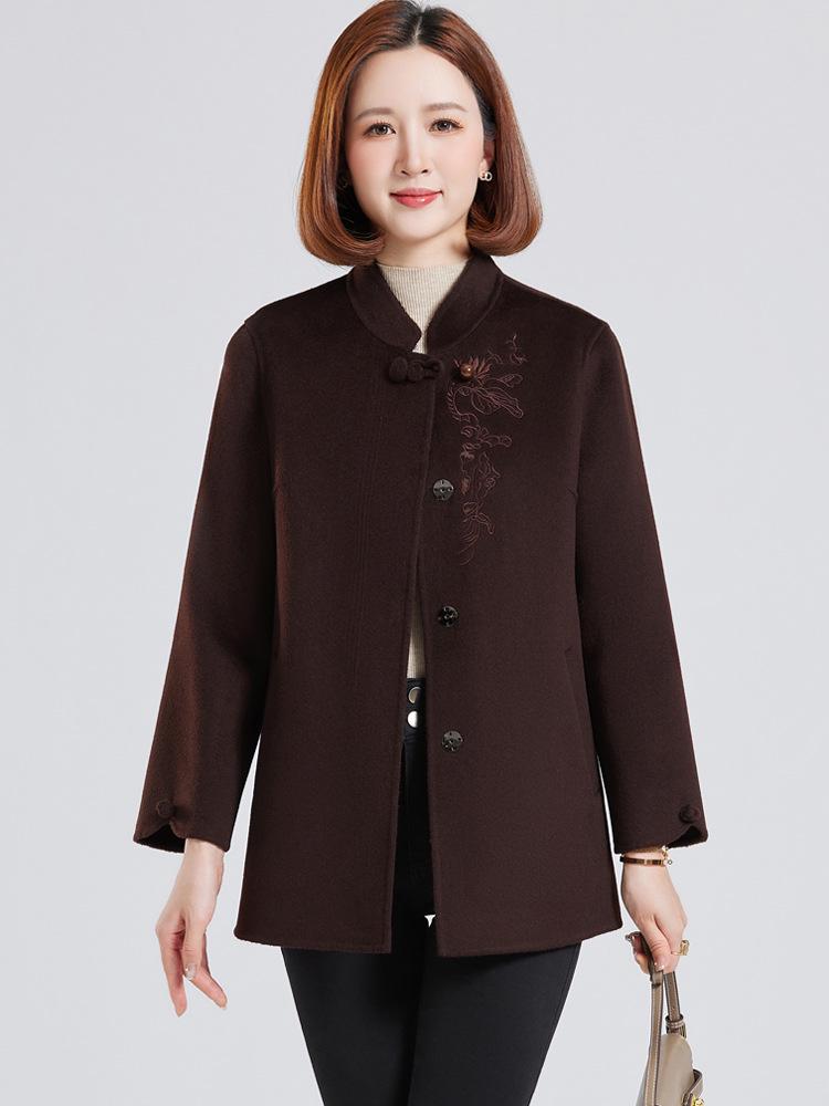 Mom's Embroidered Cashmere Coat for Women - Fashionable Autumn/Winter Wool Overcoat for Middle-Aged and Elderly Ladies
