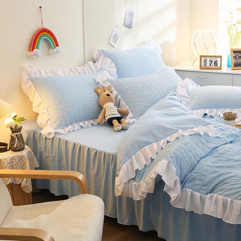 

Юбка для кровати из пузырчатой пряжи Комплекты постельного белья с кружевом Принцесса Выстиранный Мягкий Дышащий Комплект пододеяльника Односпальное постельное белье для взрослых 1.5m 4pcs set небесно-голубой