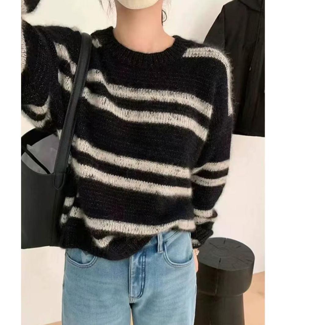 

Женский свитер с круглым вырезом, в полоску, вязаный, свободный, с длинным рукавом, вязаный топ 3XL