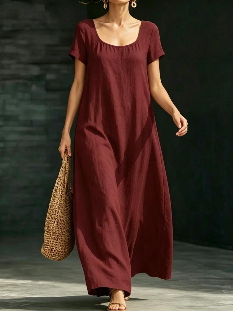 Cross-border foreign trade Amazon popular summer dress U-neck short-sleeved loose pendulum long dress casual solid color women's clothing