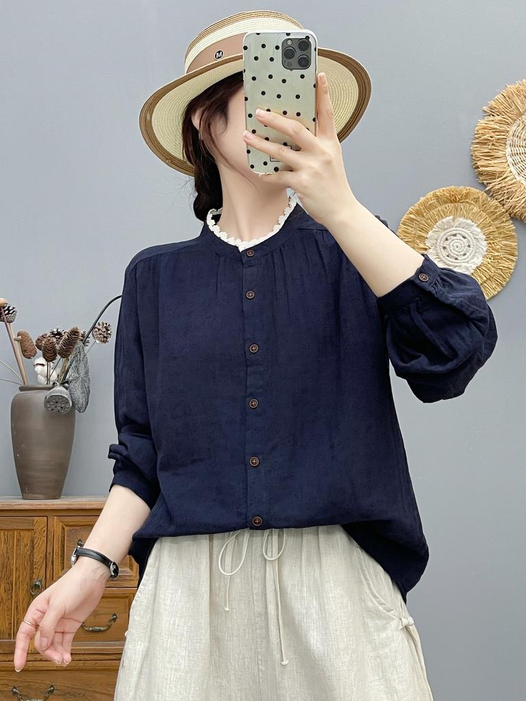 Women Long Sleeve Cotton Shirt Arrival Autumn Vintage Style Lace Stand Collar Loose Female Casual Shirts