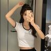 Women's Color Block Trim Crop Top, Cotton Slim Fit Short Sleeve T-Shirt