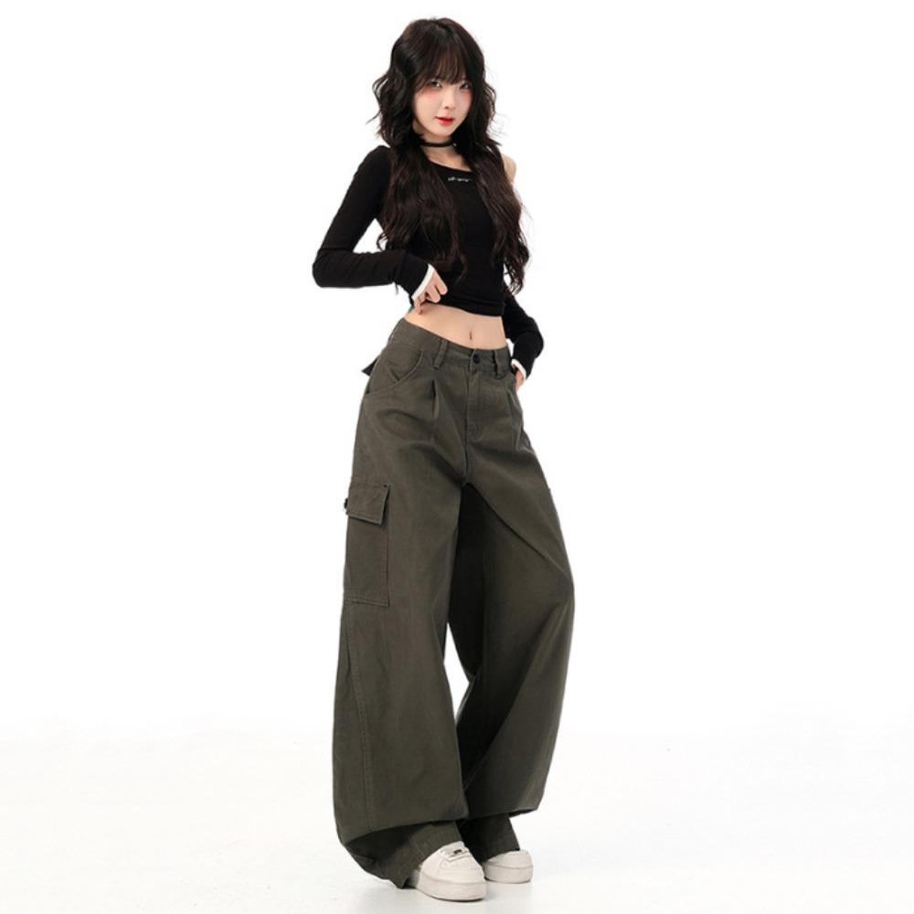 Damen High Waist Cargo-Hose Locker Weiter Bein Lässige Hose Mehrere Taschen Streetwear Baggy Hosen