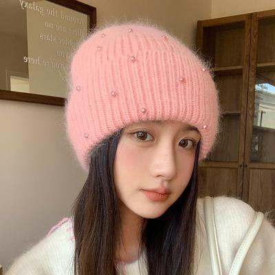 Nová Pletená Čepice s Králičí Srstí a Korálky Dámská Zimní Venkovní Teplá Módní Ochrana Uší Vlněná Čepice