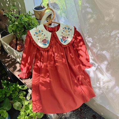 Vintage Besticktes Puppenkragen Rotes Herbst Langarm Prinzessinnenkleid für Mädchengeburtstag 2025