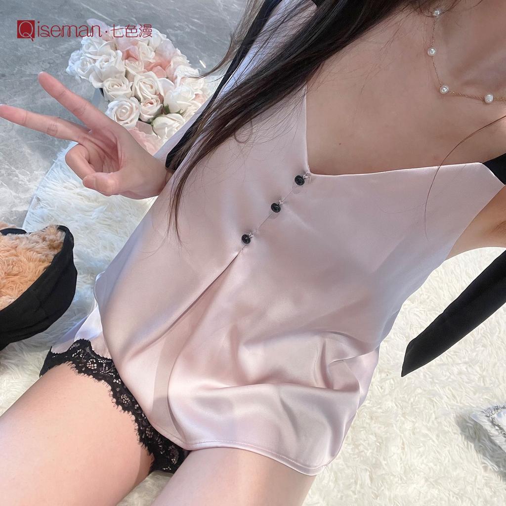 College style tether cute suspender pajamas summer satin ice silk women's loungewear new high-end pajamas set