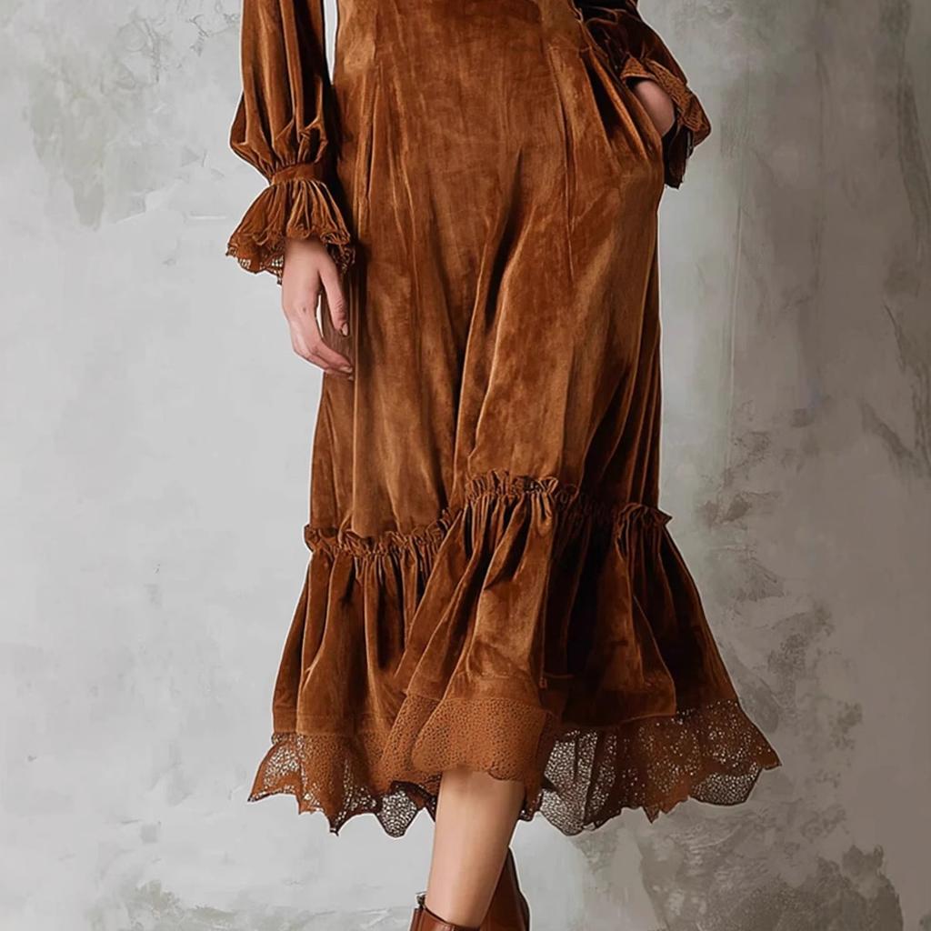 Women's Brown Velvet Dress with V-Neck and Ruffled Hem