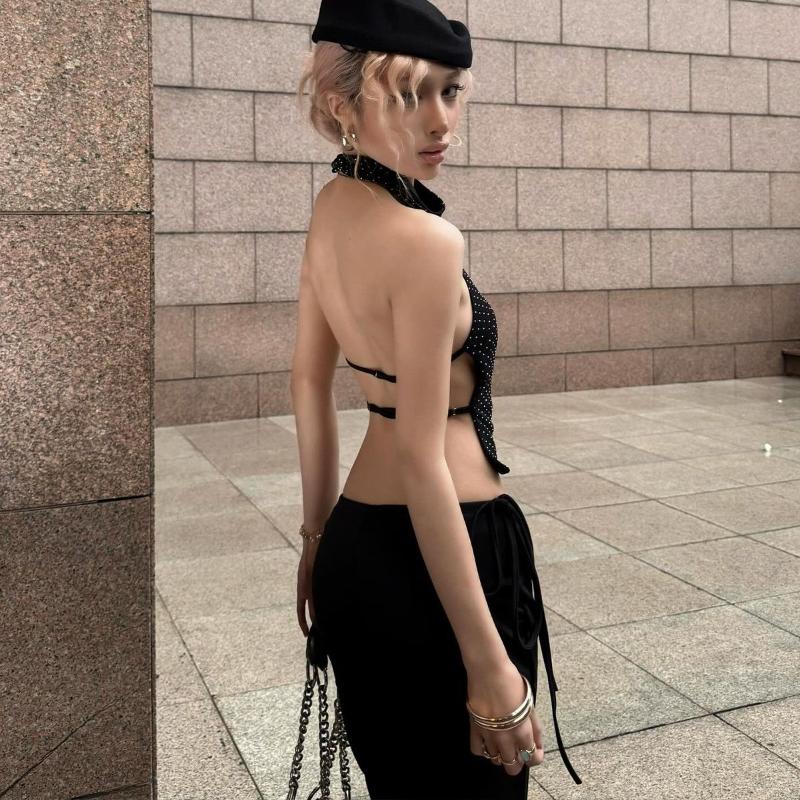 Жіночий короткий топ на зав'язках з вирізом на спині, без рукавів, з камінням, блискучий, для вечірки, клубу