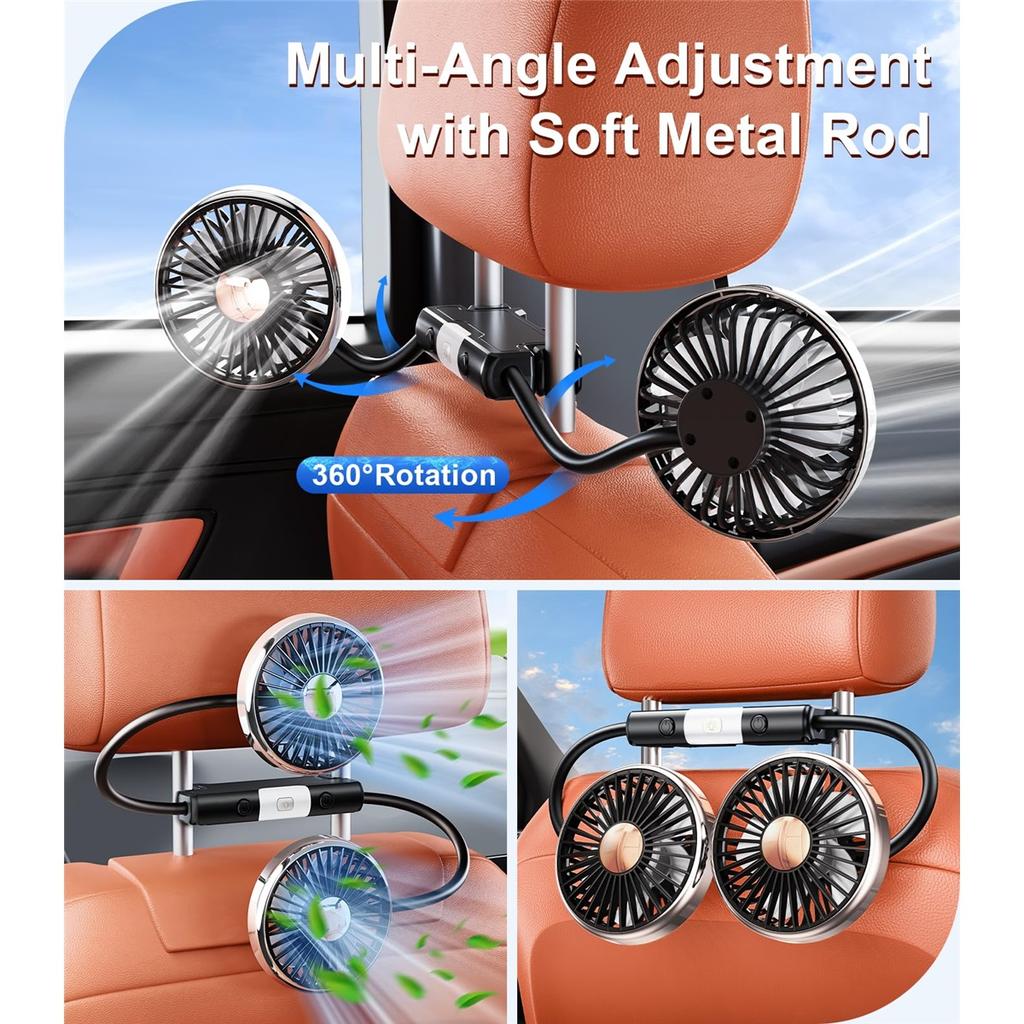 2026 Car Cooling Fan 360 Adjustable Dual Head Car Fan Low Noise Automotive Electric Fan Type C Charge for Dashboard RV Truck