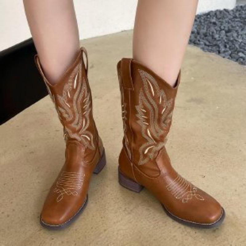 Chunky-heeled Boots Sleeve Knight Boots Mid-calf Square-toed Vintage Shoes