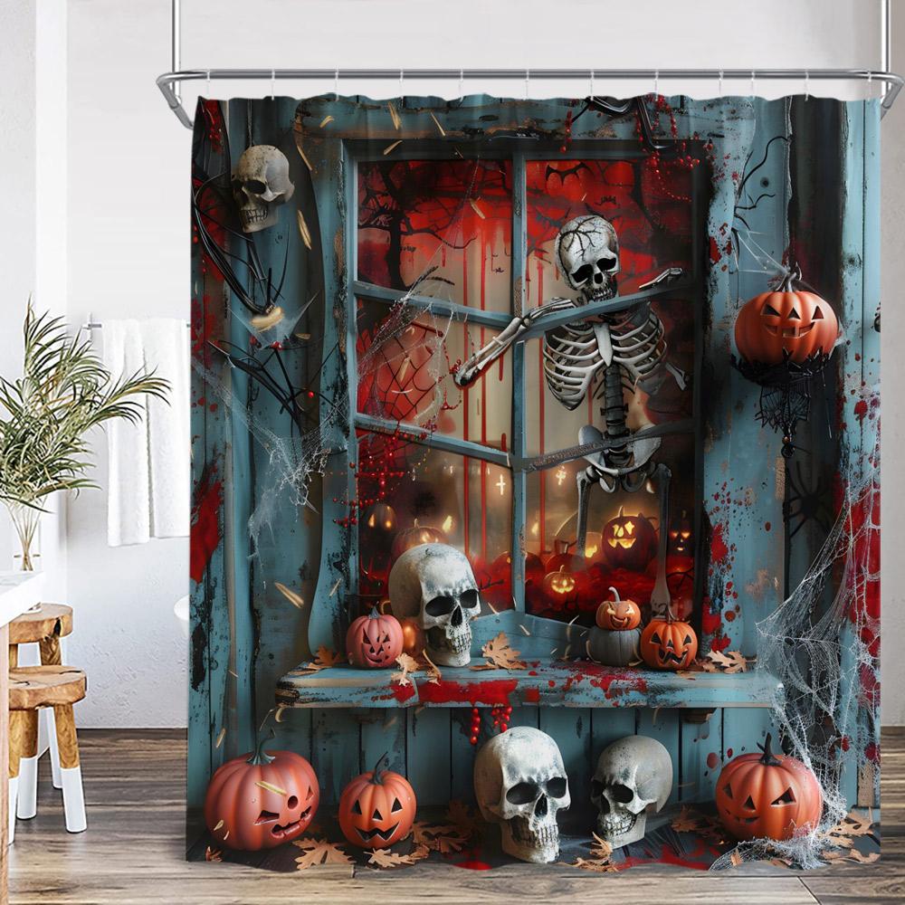 Haunted House Halloween Shower Curtain Full Moon Night Graveyard Pumpkin Lantern Gothic Castle Bathroom Decor Retro Bath Curtain