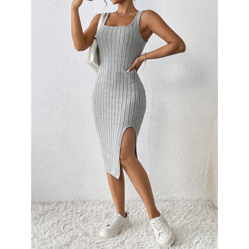 2025 Summer European and American Solid Sling Slim Fit Sunken Stripe Slit Dress Simple Slip Dress