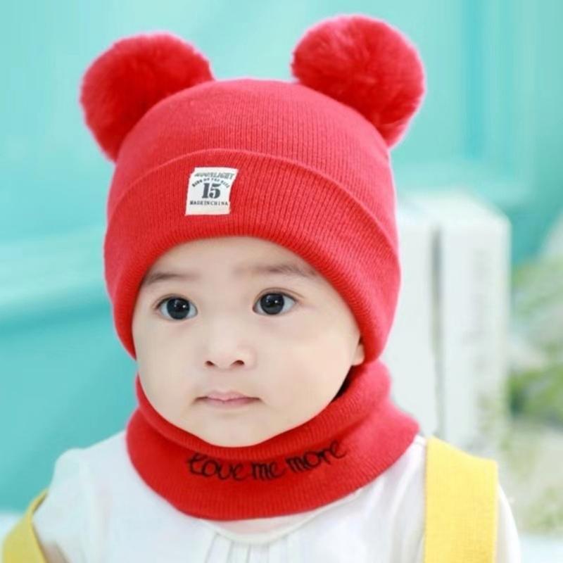 2-teiliges Set aus Babymütze und Halswärmer mit Bärenmotiv, gestrickte Babymütze und Schal, dehnbare Mütze und Schal für Kleinkinder, angenehm zu tragen
