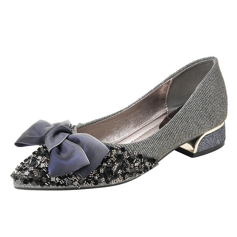 Fashion Pointy Bow Thick with Shallow Mouth Light Luxury Flat Shoes Women's New Casual Diamond Soft Sole Women's Shoes
