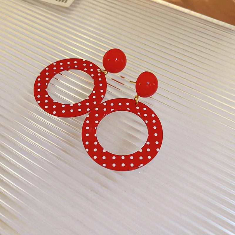 Red Round White Polka Dot Ring Dangle Earrings Hong Kong Style Exaggerated Vintage Young Advanced Ear Jewelry for Women K