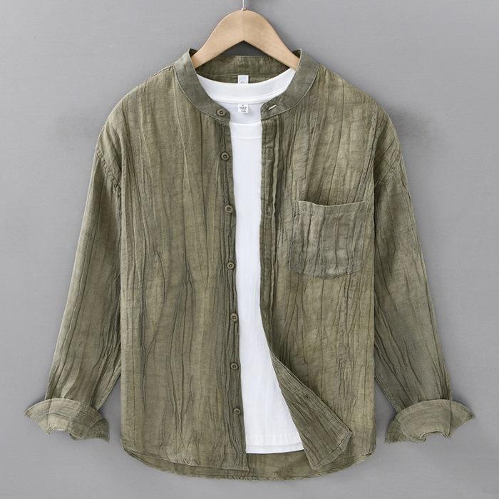 

Весенняя мужская рубашка из рами «Тяньси» с длинными рукавами, повседневная, свободного кроя, мятая льняная рубашка со стойкой 3XL