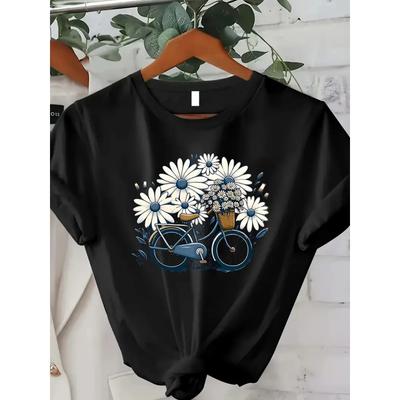 T-shirt da Donna Taglie Forti Girocollo Manica Corta Stampa Fiore Bicicletta Top Moda Casual