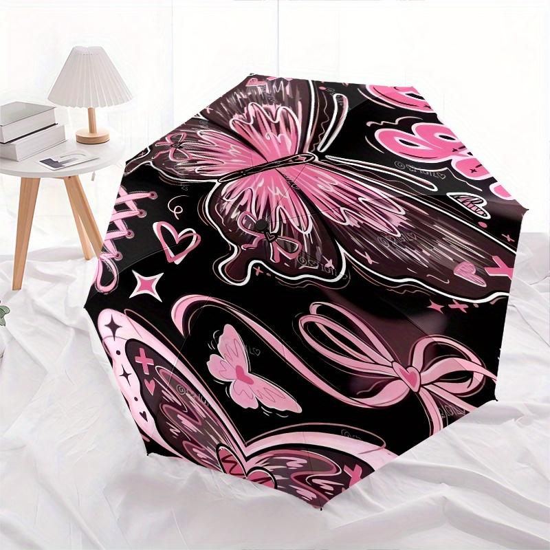 Butterfly, pink, Y2K Automatic folding umbrella simple eight rib design, bright color pattern, durable iron frame, ideal for travel and out