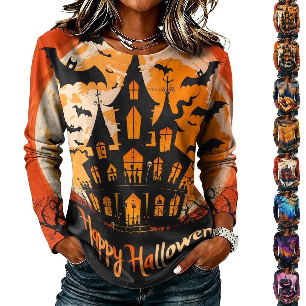 Women's Casual Long Sleeve Halloween Print T-Shirt Round Neck for Fall Parties