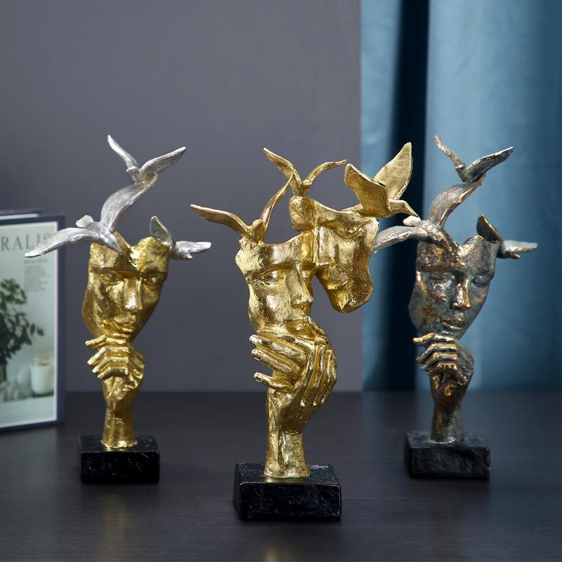 European Couple Golden Mask Ornaments Silence Is Gold Resin Craft Office Desk Cabinet Home Decoration