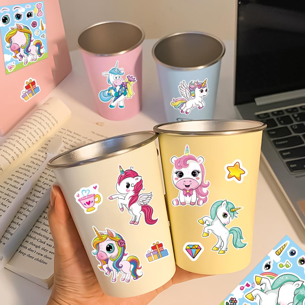 16Sheets Rainbow Unicorn Puzzle Stickers Make A Face Cartoon Decals Diy Guitar Phone Laptop Suitcase Water Cup Skateboard Decals