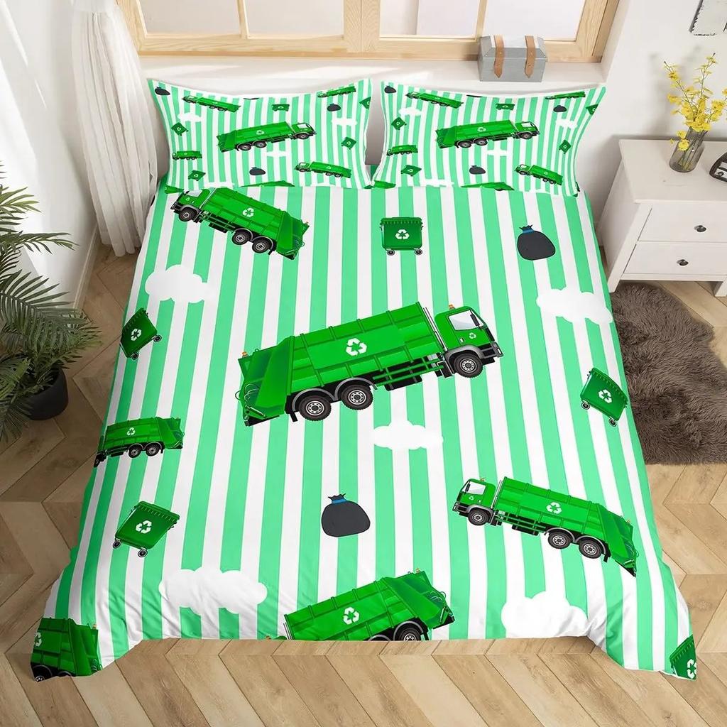 Cartoon Garbage Truck Duvet Cover Green Trash Truck Bedding Set Green Vehicle Car Comforter Cover Garbage Truck Toy Quilt Cover