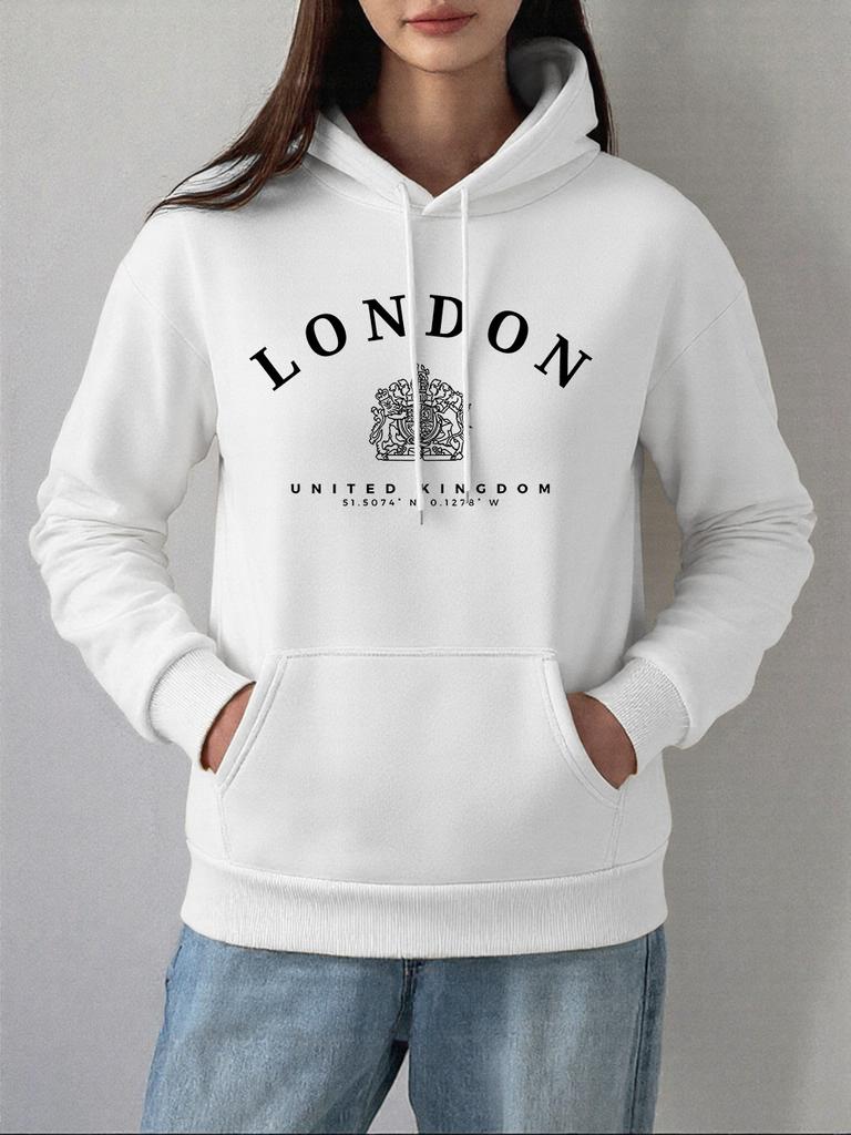 London Uk Royal Badge Prints Hoodies Women Comfortable Loose Sweatshirt Winter Fleece Warm Pullovers Casual Pocket Woman Clothes
