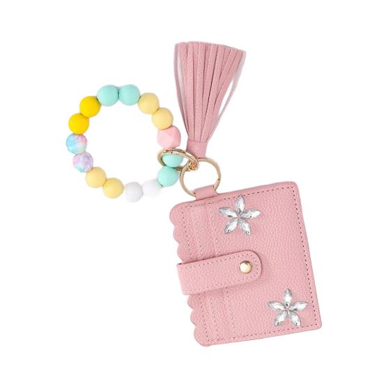 RFID Shielded Card Holder with Rhinestone Flower And Beads Decor Women Wristband Wallet Keychain Faux