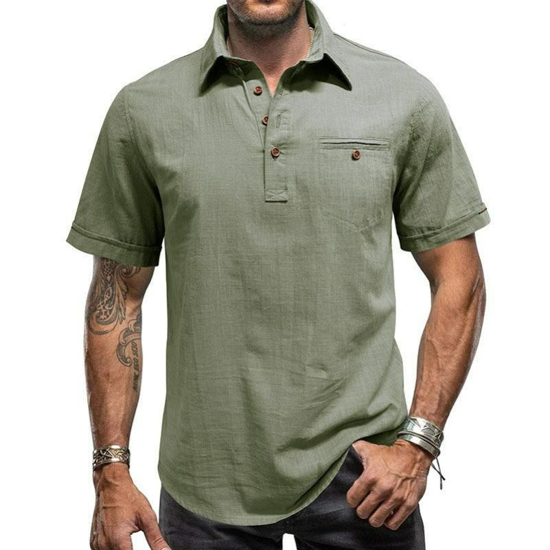 

Short-sleeved Beach Shirt Lapel Men s Shirt Cotton and Linen Top 3XL зелений