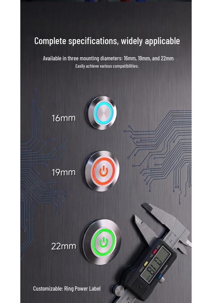 Lanbo IP67 Waterproof Tactile Push Button Switch with Light, Metal, 16/19/22mm.