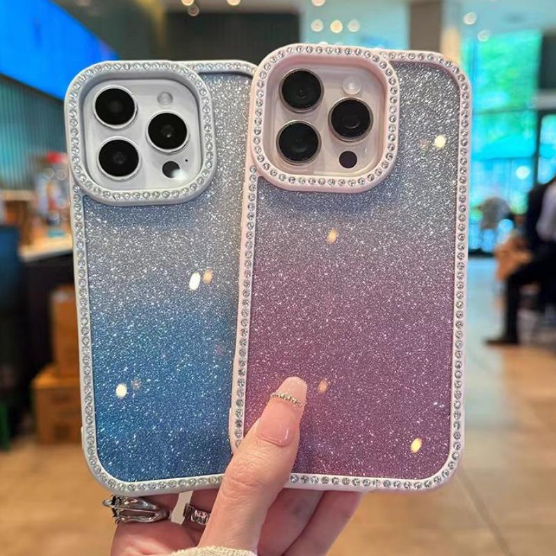 Double-sided Diamond Phone Cover For iPhone 13 14 Plus 15 16 Pro Max Gradient Color Dazzling Case For iPhone 12 11 Hard Cases