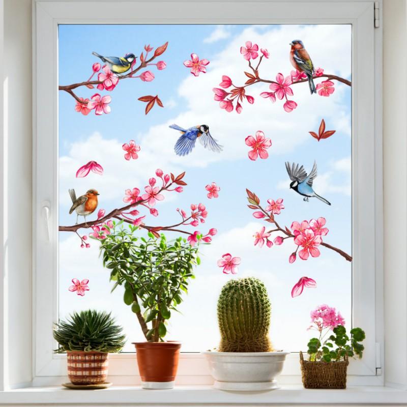 Pegatinas de Flores Pájaros Decoración de Ventana Arte Vinilo Flores de Primavera Calcomanía de Pared de Cristal para Decoración de Hogar Baño Habitación Infantil