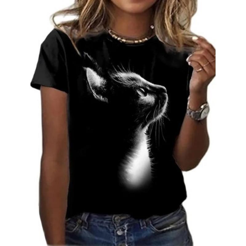 Zomer Dames T-shirt met Korte Mouwen Schattige Kat 3D Geprint Losse Casual Ronde Hals Dameskleding T-shirts Dames