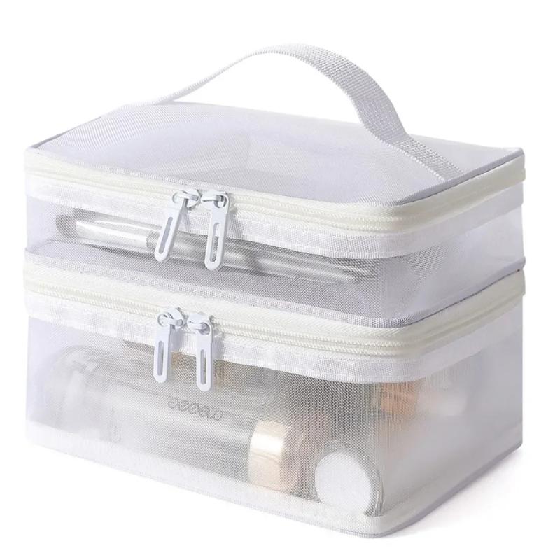 Breathable Mesh Cosmetic Bag Large Capacity Double Layer Anti-scratch Makeup Organizer for Business Trip Daily Travel