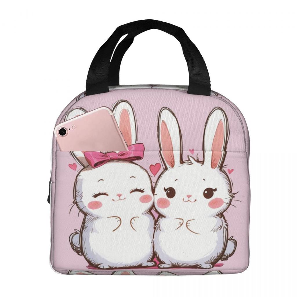 Cute Cartoon Two Little White Rabbits Insulated Lunch Bag for Women Cooler Thermal Food Box Tote Leakproof Lunch Boxes Container
