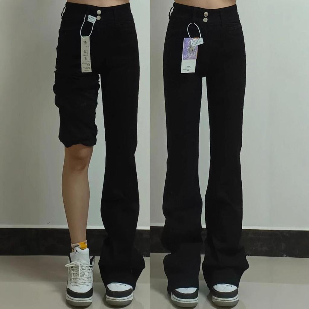 Women's Black High Waist Micro-Flare Jeans - 2025 Spring/Autumn Slimming Horseshoe Stacked Floor-Length Pants
