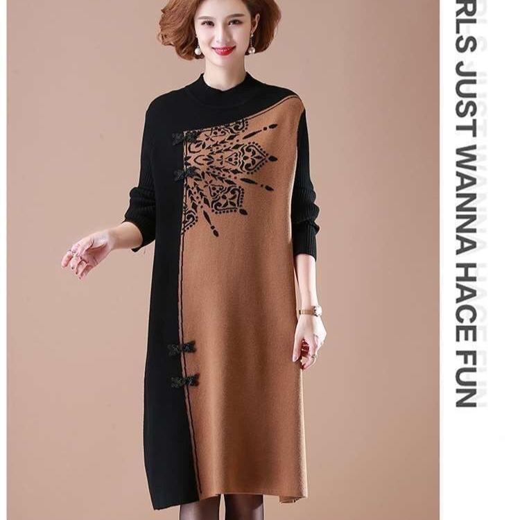 Women's Plus Size Knit Dress Autumn Winter Color-Block Loose Knit Sweater Dress Long A-Line Knit Dress