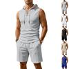 Herr sommarvåffelstickad huvförsedd ärmlös väst och shorts set