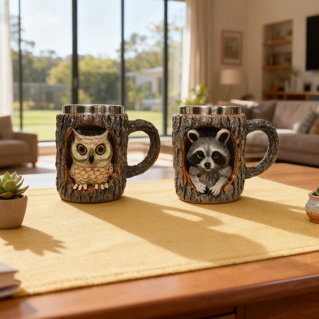 Handcrafted Synthetic Resin Stainless Steel Cute Animal Tree Hole Mug