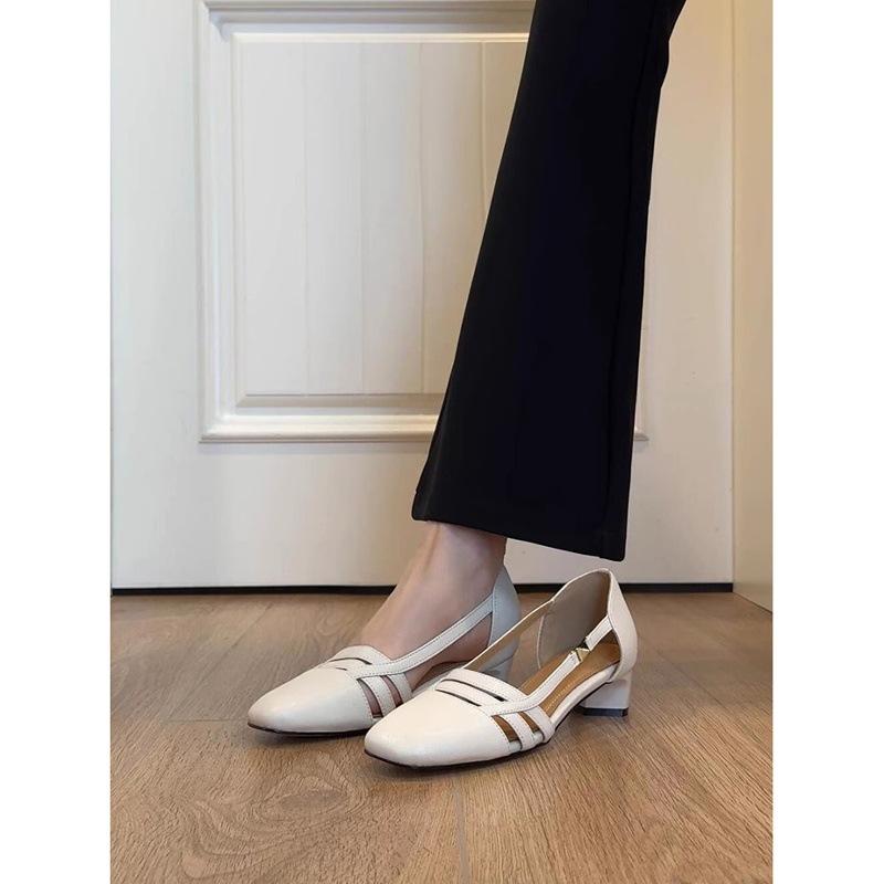 Sheepskin version~ retro hollow shallow mouth breathable sandals women's one-pedal literary and artistic style low-heeled leather single shoes summer