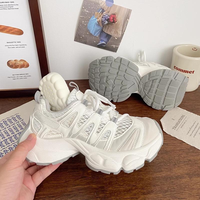Breathable Mesh Thick Bottom Sneakers Women 2025 Autumn Chunky Platform Medium Heel Sneakers Comfort Soft Lace Up Running Shoes