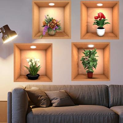 4 Stück PVC Pflanzen Topfpflanzen Wandaufkleber Kreative Pflanzen Blumen Abziehbilder Simulieren 3D Tapeten Schlafzimmer AVE