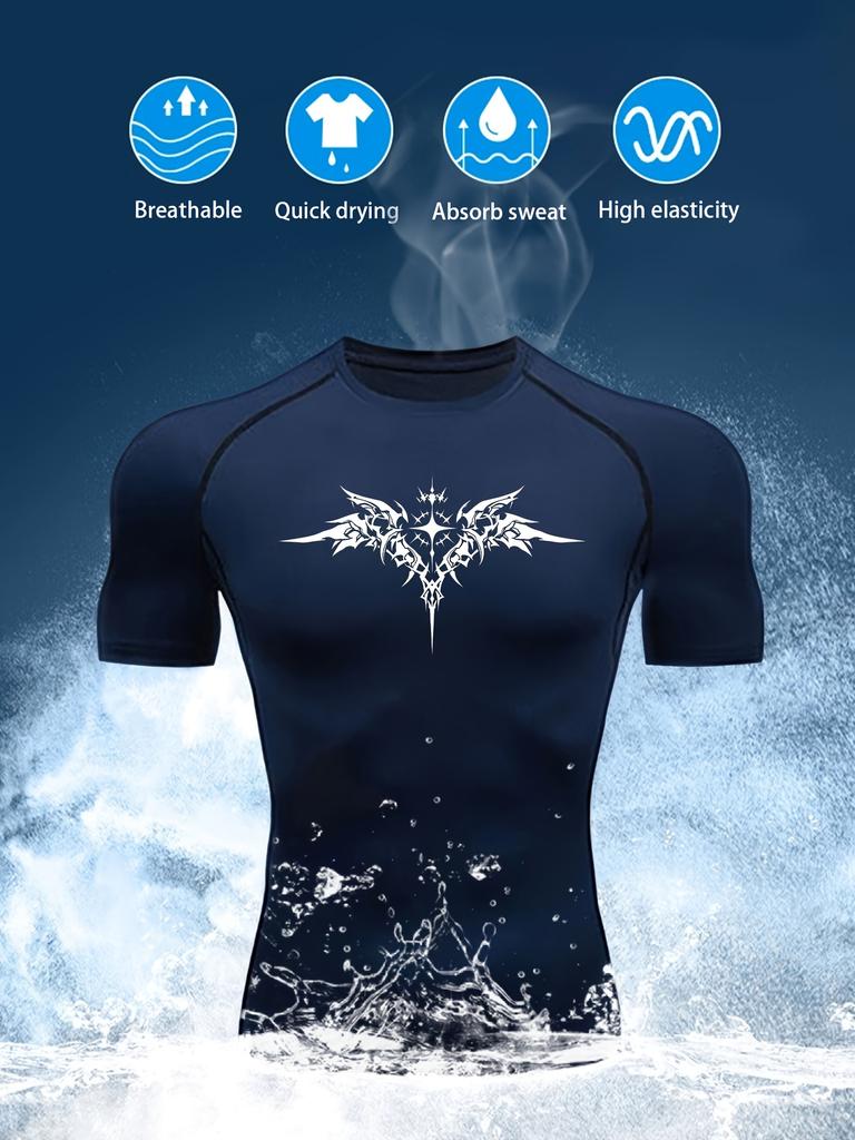 Men's Dark Tribal Tattoo Cross Compression T-Shirt Absorb Sweat for Gym Running Fitness Training