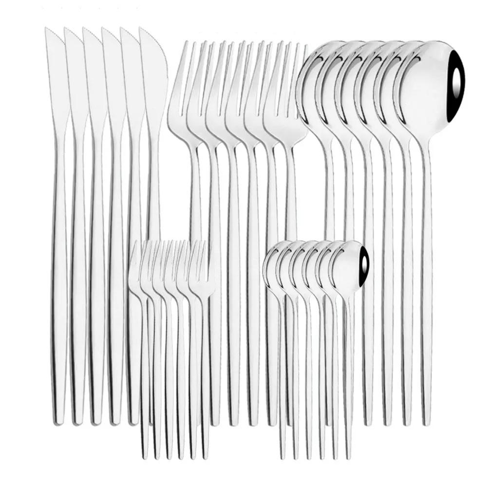 

30Pcs/Set Stainless Steel Dinner Black Gold Dinnerware Set Knife Fruit Fork Spoon Cutlery Set Kitchen Tableware Silverware Sets срібний
