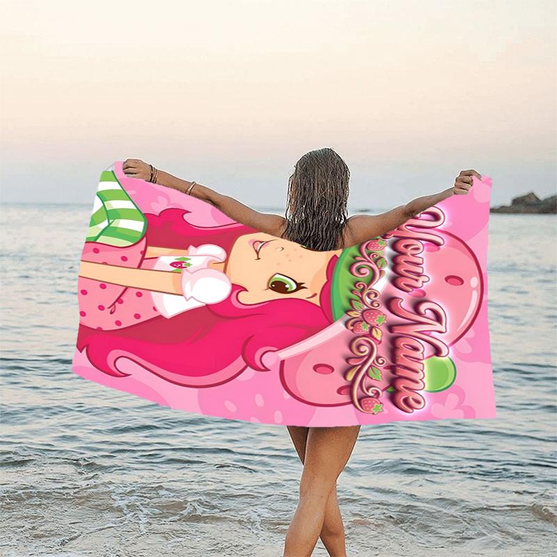 1pc Princess Strawberry Beach Towel with Custom Name, Beach and Seaside Swimming Pool Equipment, Fashion Pattern, Rectangular, Travel Essential