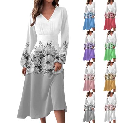 Women's Autumn And Winter Casual Fashion V-neck Long Sleeve Floral Print Long Dress