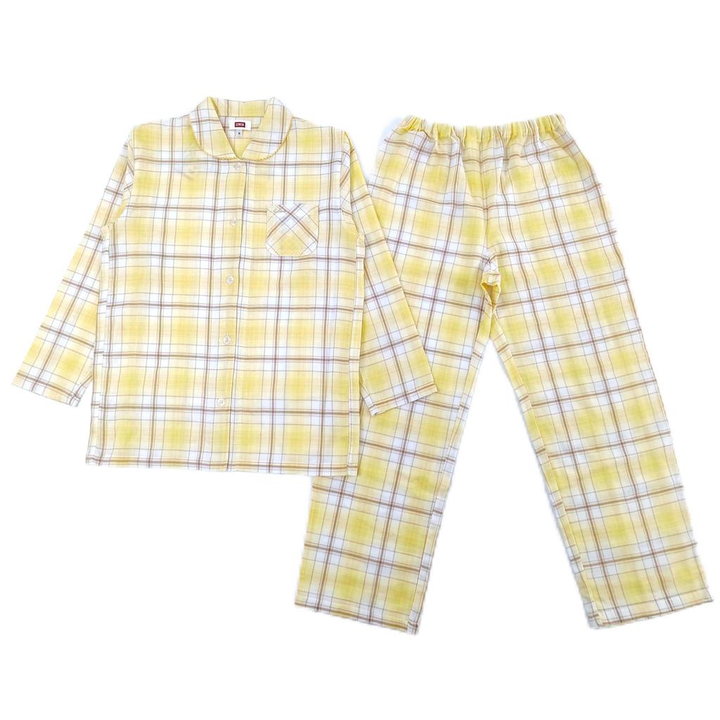 Takihyo EDWIN Long Sleeve Pajama Double Check Shirt Yellow Women's Set, 100% Cotton, Gauze, Pattern, Open-Front Pajamas,