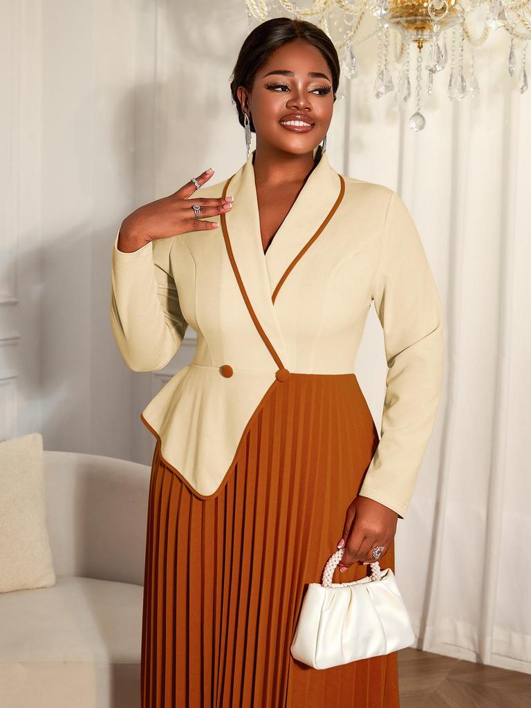 Women's Plus Size Color Block Two-Piece Look Long Sleeve Dress with Lapel and Pleated Skirt - Elegant Office Wear