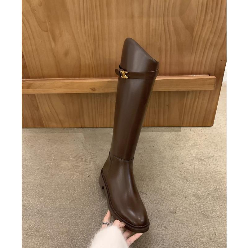 Cowhide Leather Slant Boots Buckle Thick Heel High Knight Boots Women's Boots
